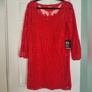 Express Vibrant Red Lace Overlay Long Sleeve Dress